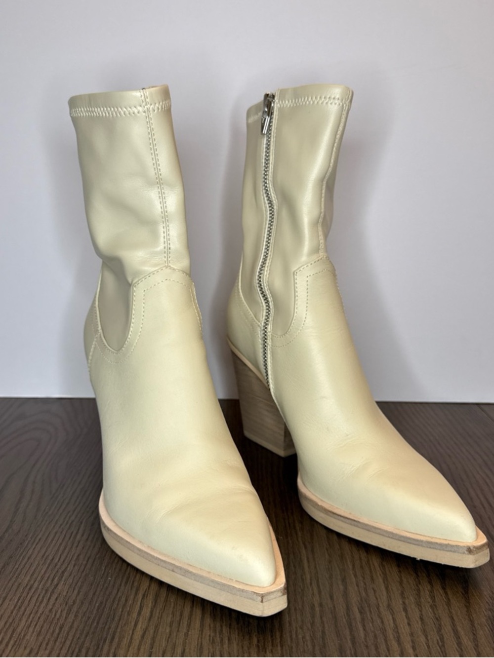 Dolce Vita Cream Pointed-Toe Mid-Calf Block Heel Booties